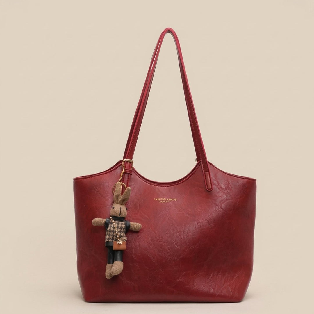 Women's Soft Vegan Leather Spacious Shoulder Tote Bag Plush Charm - Red