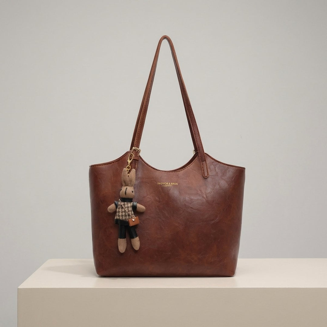 Women's Soft Vegan Leather Spacious Shoulder Tote Bag Plush Charm - Brown