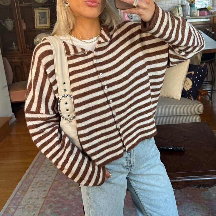 Kendra | Dames Gestreepte Cardigan Sweater Met Knoopsluiting Aan De Voorkant