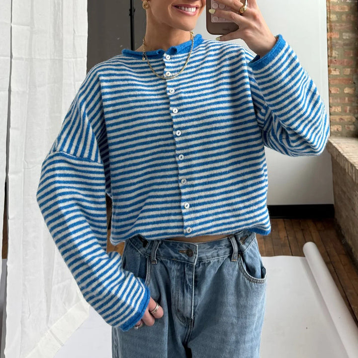 Kendra | Dames Gestreepte Cardigan Sweater Met Knoopsluiting Aan De Voorkant